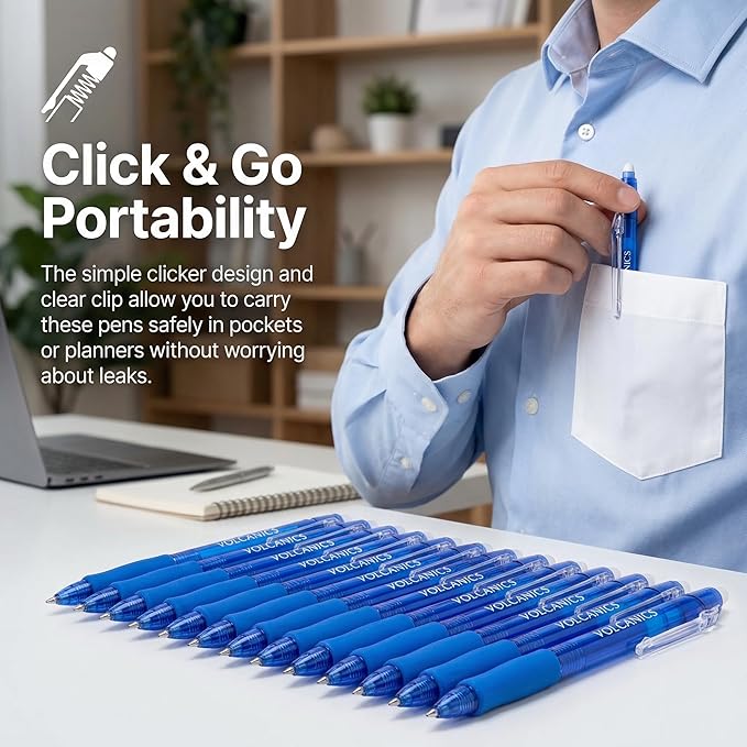 Volcanics Retractable Clicker Erasable Gel Pens - 0.7mm Ball Point, Heat Erase with Built-in Eraser, 12 Pack Blue