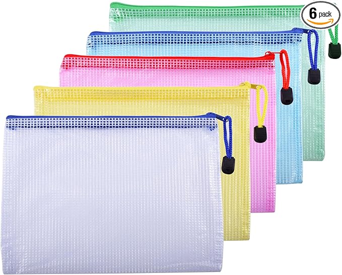 6 Pcs 9.25" x 6.69" A5 Sizes Mesh Zipper Pouch Bags, Mesh Bags with Zipper，Waterproof Clear Document Pouch for Organization Puzzles Travel, Office, Classroom Organization, A5 Multicolored