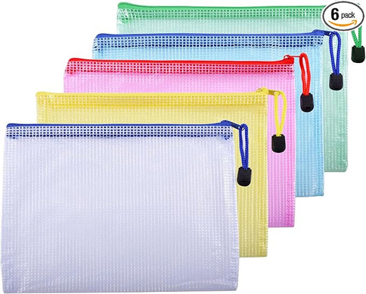 6 Pcs 5.31" x 7.68" B6 Sizes Mesh Zipper Pouch Bags, Mesh Bags with Zipper，Waterproof Clear Document Pouch for Organization Puzzles Travel, Office, Classroom Organization, B6 Multicolored