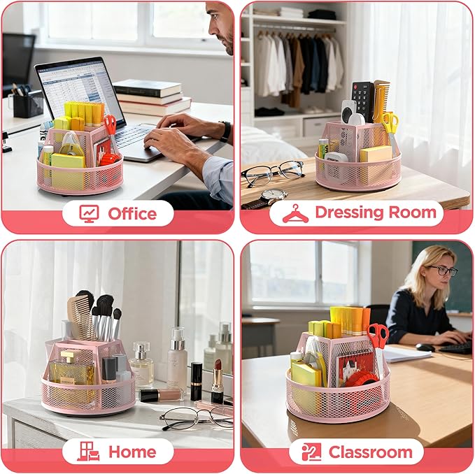 Docnest 360° Rotating Pen Holder,Heavy-Duty Metal Mesh Desk Organizer with 6 Compartments for Pencils,Scissors & Markers –Space Saving Office Supply for Teachers, Students & Home Desk-Pink