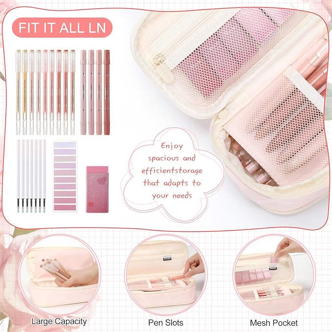 Eersida 74 Pcs Aesthetic School Supplies with Large Pencil Pouch 5 Ink Gel Pens 12 Highlighters 6 Mechanical Pencils 0.5mm 9 Color Pens 4 Note Pads Set for Student Stationary(Pink,Cute Style)