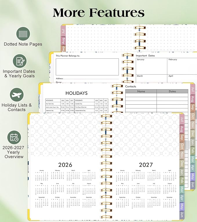 Academic Planner 2026-2027, Hardcover Weekly and Monthly Calendar Planner from July 2026 - June 2027, Daily Agenda Planners with Tabs, College School Organizer for Student Teacher, A5 (6.1" x 8.2"), Blue Floral