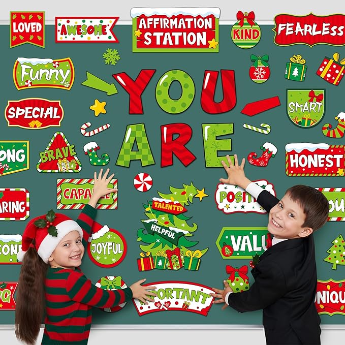 45pcs Bulletin Board Set Motivational Posters Classroom Mirror Growth Mindset Decor Positive Affirmations Accents Cutouts for School Office Home Teacher Wall (Green Christmas)
