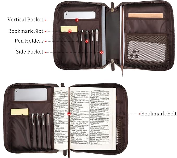Polare Full Grain Leather Bible Cover Church Bag 10x7.5x2.2 inch Carrying Book Case Bible Protective with Handle and YKK Zippered Pocket (Dark Brown)
