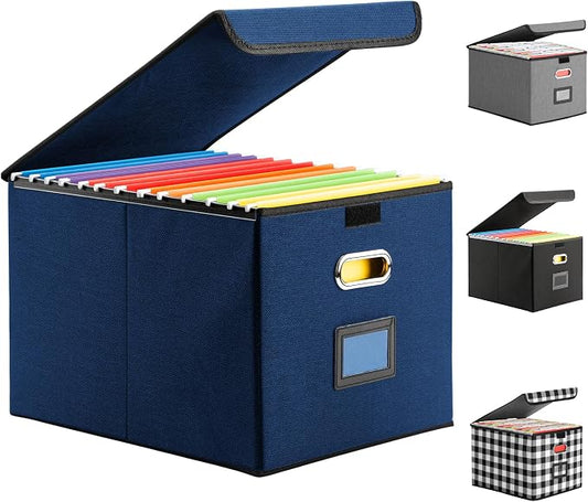 Hleelomi Collapsible File Box with Lid & Plastic Slide - Hanging Document Organizer for Office/Home, 14.96x12.6x10.83 Inch,Decorative Home File Bin,Blue, 1 Pack (No Folders Included)