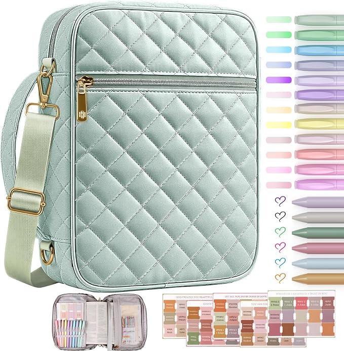 BellaHold Bible Cover Case for Women, Large Bible Bag with Detachable Strap & Bible Study Supplies, 12 Highlighters, 6 Colored Gel Pens & 75 Bible Tabs, Christian Gifts for Women (Sage Green)