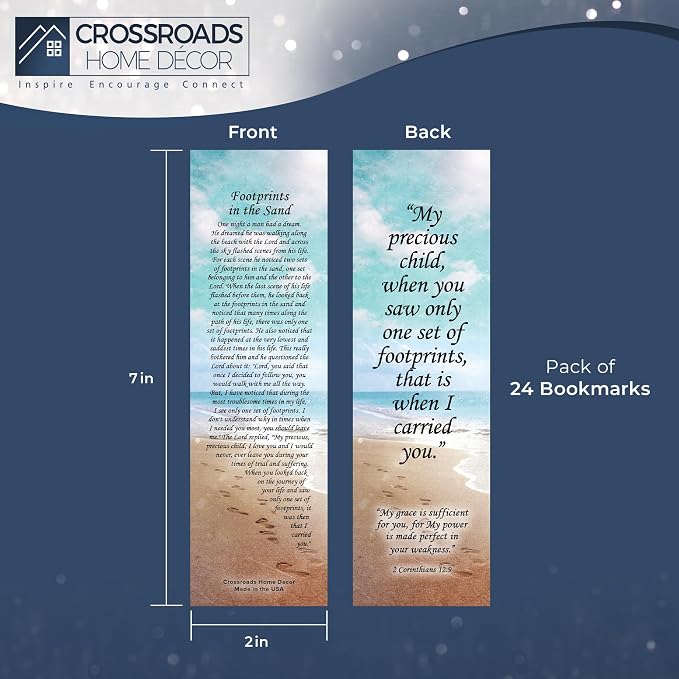 Footprints in The Sand Bookmark - 24 Pack, 2-Sided, Christian Inspirational Bible Book Mark, Bulk Religious Book Markers for Reading, 7.25"x2" (24 Bookmarks)