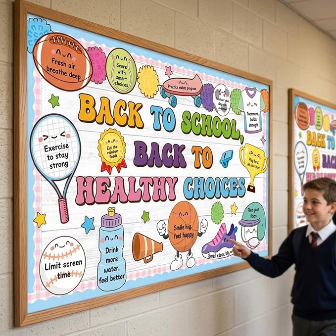 Back to School Bulletin Board Set Healthy Habits Sports Classroom Decoration Motivational Back to Healthy Choices Bulletin Board Cutouts for School Classroom Nurse Office Door Chalkboard Wall Decor