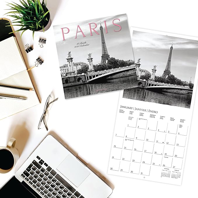 Graphique 2024 Paris Wall Calendar | 12” x 12” | Thick Paper | Home & Office Organizer | Large Monthly Grid | 3 Languages & Marked Holidays | 4 Month Preview Page for 2025