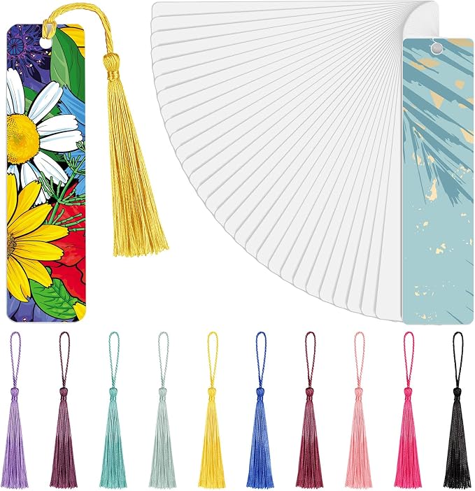 Tenare 50 Pcs Sublimation Blank Bookmarks Metal Heat Transfer Aluminum Bookmarks Bulk with Hole and Colorful Tassels for School Birthday Wedding DIY Projects and Gift Tag