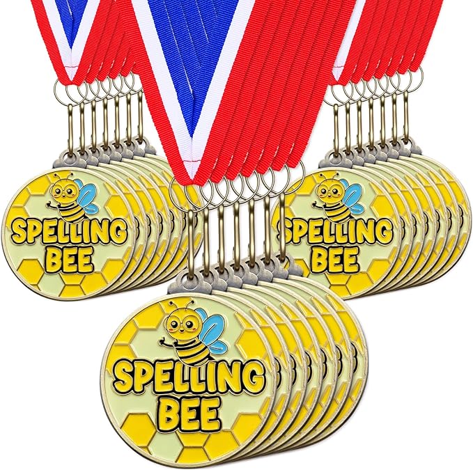 Cunno 20 Pcs Spelling Bee Medals Bulk 2'' Spelling Bee Honeycomb Award Medals with Neck Ribbon Trophy Prizes Winner Gift for School Classroom Students Teaching Competitions Supplies
