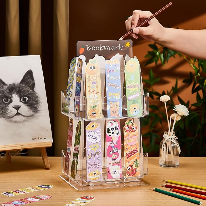Marsui 2 Tier Acrylic Rotating Bookmark Display Stand, 14.4 x 7.8 x 6.3 Inch 4 Sided Bookmark Sticker Holder, 360° Rotating No Assembly Required for Vendors, Retail, Showcase, Trade Show