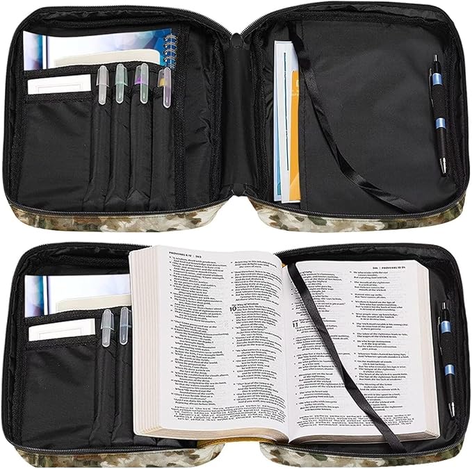Suobstales Deer Hunting Camo Print Bible Covers for Women Men Lightweight Bible Bag Bible Accessories with Handle and Zippered Pocket Bible Tote Bag for Kids