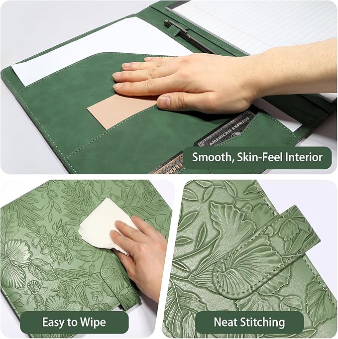 Professional Padfolio Portfolio Binder, Textured Embossing Faux Leather Folder Organizer for Letter Size Legal Pad Notepad Resume, Card Holder for Women Men Business Office Conference (Green)