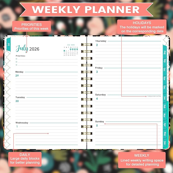 Planner 2026-2027 - Weekly Monthly Planner from July 2026 to June 2027, Agenda with Thick Paper, Pocket, Tabs, 6.4'' x 8.5''