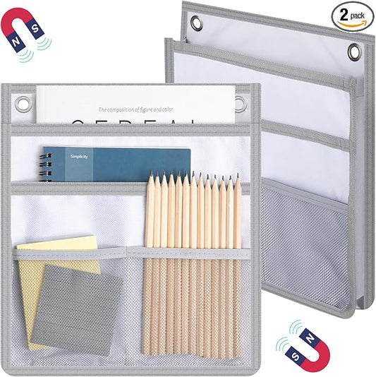 Henoyso 2 Pcs Magnetic Locker Organizer File Holder 4 Compartments Magnetic Paper Holder 3 Tier Storage Letter File Pocket for Documents Mails Fridge Whiteboard Office (Gray)