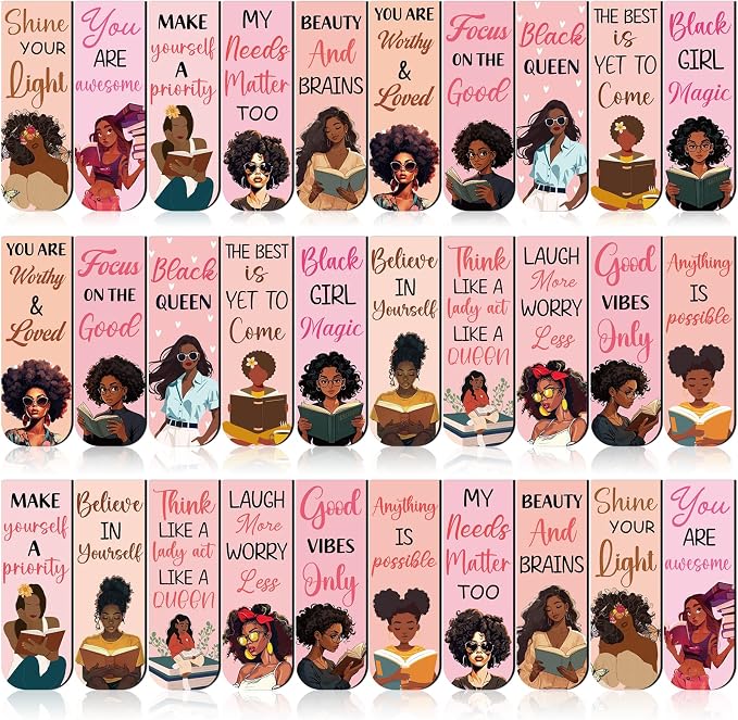 Black Girl Magnetic Bookmark - 12 PCs Inspirational Book Marks for Women Bulk Unique Aesthetic Page Markers Bookish Gifts Reading Lovers Readers Student Teacher Birthday School Accessories