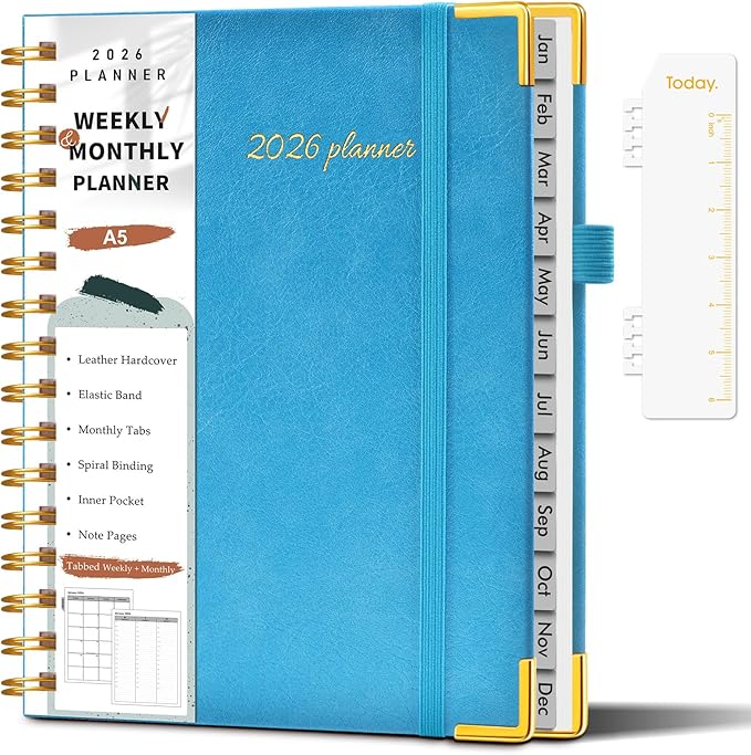 2026 Planner, Weekly and Monthly Calendar Planner from January 2026 - December 2026, 5.75" x 8.38" Hardcover Leather Hourly Appointment Book with Tabs, A5 Spiral Daily Planners for College School Work Home, Sky Blue