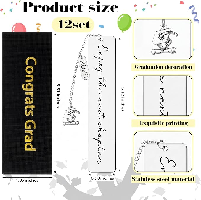 12 Sets Class of 2026 Graduation Bookmarks with Boxes 2026 Senior Graduation Gifts for Students Inspirational Grad Gifts High Middle Medical School 5th 8th Grade Grad Favors Classroom Party Favors