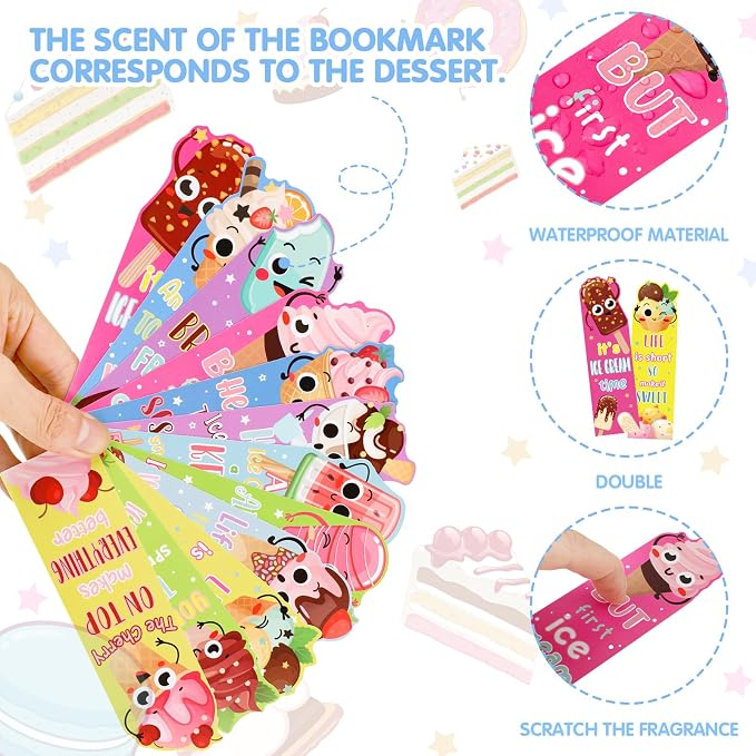 Fainne 60 Pieces Ice Cream Scented Bookmarks Kids Bulk Scratch and Sniff Classroom Valentines Back to School Bookmarks Gift Stuff for Students Christmas End of Year Graduation Birthday Favor