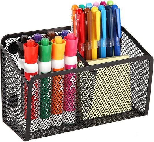 Ameceres Magnetic Pencil Holder - Extra Strong Magnets Mesh Marker Holder Perfect for Whiteboard, Refrigerator and Locker Accessories (2-Compartment (1 Pack))
