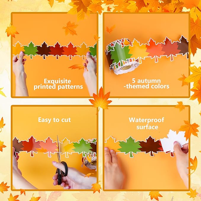 66 ft Fall Bulletin Board Borders Maple Leaves Shape die-Cut Border Trim Paper Cutouts roll 5 Colors Autumn Leaves Border Trim Decoration for Thanksgiving Autumn Harvest Party School Decor