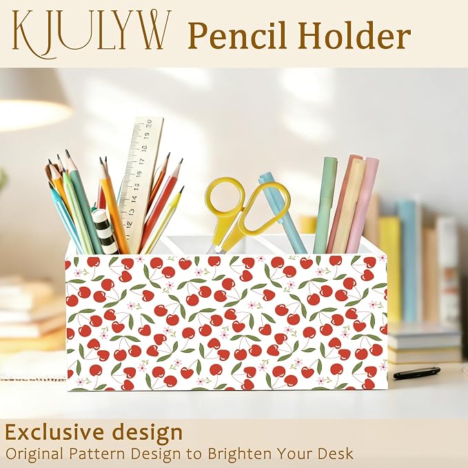 Cute Cherry Pen Holder for Desk, Cherry Gifts for Women, Girly Aesthetic Cherries Floral Wooden Box Pencil Pen Holder Organizer for Home Office Desk Accessories