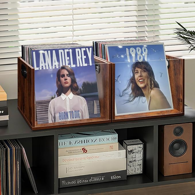 Vinyl Record Storage Crate 2 Pack, Holds up To 60 LPs, Album Visible Storage Box with Acrylic Front, Handle, Wooden Multi-Purpose Organizer for Records, Magazines and Books, Desktop and Home Office