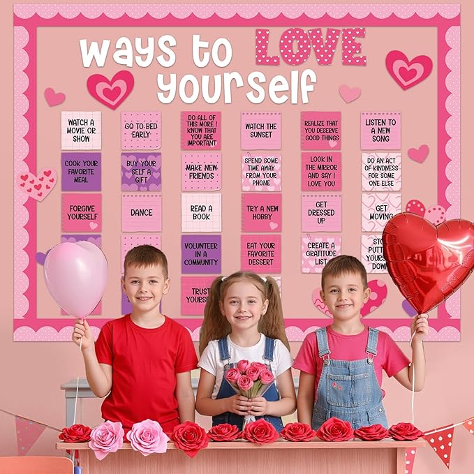 Valentines Day Bulletin Board Decoration Ways to Love Yourself Cutouts Valentines Classroom Bulletin Board Positive Affirmation Station Supplies Pink Love Cut Outs for School Classroom Wall Decor