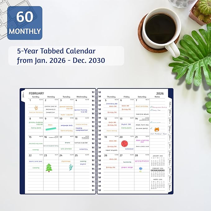 Monthly Planner 2026-2030, 5-Year Calendar Planner 2026-2030, Jan 2026 – Dec 2030, 6.2 x 8.4 In, Ruled Spread, Flexible Cover, Spiral Wirebound, Pocket, 60 Coated Monthly Tabs, Notes ＆ Habit Tracker