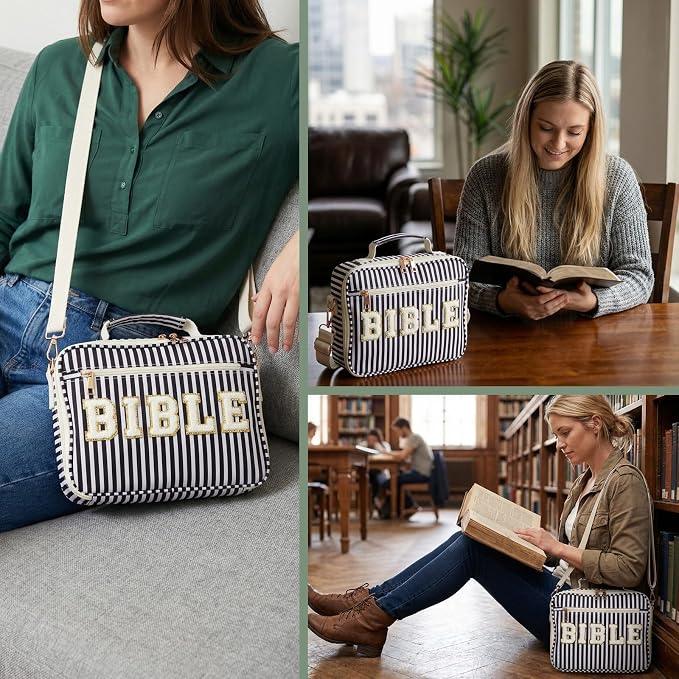 Dansydaisy Bible Cover Case for Women Large Chenille Letter Stripe Church Bible Bag with Shoulder Strap for Women(Black)