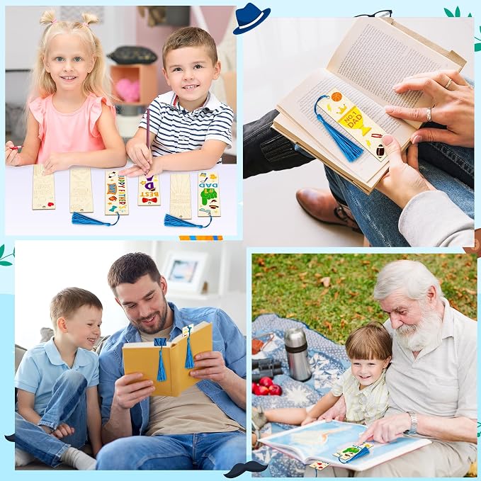 Color Your Own Father's Day Bookmarks for Kids- 36Pcs Bulk Happy Father's Day Wooden Blank Bookmarks with Tassels DIY Father's Day Art Craft Gifts from Kids for Holiday Party Goodie Fillers