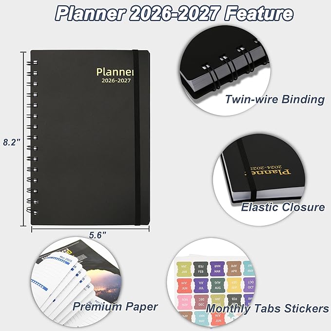 2026-2027 Daily Planner, Weekly & Monthly Planner from Jan 2026-Jun 2027, 18 Month Academic Calendar with Tabs Stickers, A5 Size, Black