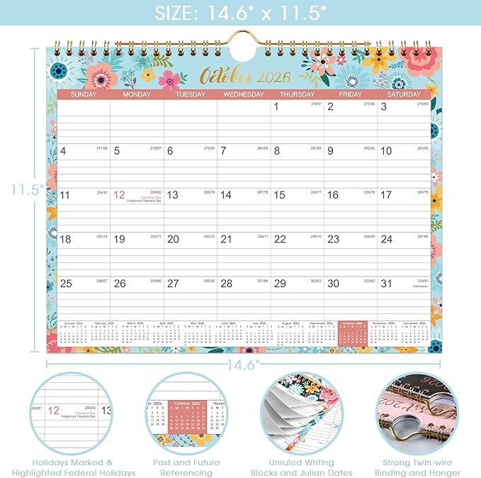 Calendar 2026-2027 - Wall Calendar 2026-2027 with 18 Months, Jul. 2026 - Dec. 2027, 14.6" x 11.5", Twin-Wire Binding + Hanging Hook + Large Blocks + Julian Dates, Perfect Wall Calendar for Organizing