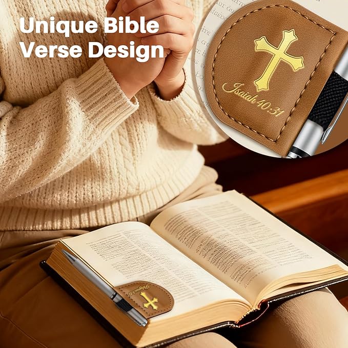 Personalized Magnetic Leather Bookmark with Pen Holder - Bygone Mark Custom Bible Verse Bookmarker,Book Marker for Men & Women,Book Lovers,Readers,Church(Brown，Isaiah 26:4)
