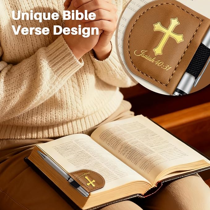 Personalized Magnetic Leather Bookmark with Pen Holder - Bygone Mark Custom Bible Verse Bookmarker,Book Marker for Men & Women,Book Lovers,Readers,Church(Brown，Psalm 119：105)