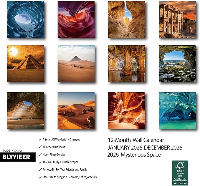 2026 Wall Calendar Mysterious Space, 14 Months Hangable Wall Calendars, 12" x 24" (Open), Thick Glossy Paper, Organizing & Planning
