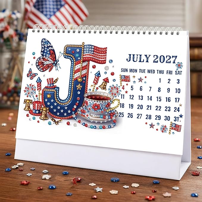 2027 Standing Desk Calendar DIY Diamond Art Painting Monthly Flip Dates Alphabet Theme Tabletop Calendars Diamond Art Craft Supplies Planner Office Home-Letter