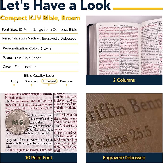 Personalized Compact Large Print Bible KJV Faux Leather Holy Bible Custom Name 3 Rows of Text & Red-Highlighted Verses, Personal Gift for Christian & Religious Celebrations | Brown