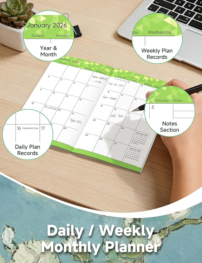 Pocket Calendar 2026-2028 Art Series, Monthly Planner Jan 2026 to Jul 2028 (3.7" x 6.7") Perfect Purse Calendar, Pocket Agenda with Protective Plastic Sleeve-Almond Blossom