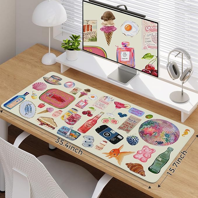 iCasso Cute Desk Mat, Large Waterproof Mouse Pad, Non-Slip Desk Protector for Keyboard and Mouse, Aesthetic Gaming Decor for Women, Home Office, Dorm (Watercolor Stickers)