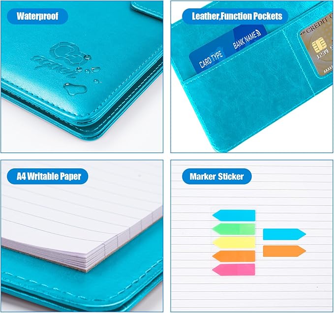 Leather Portfolio Folder Binder,A4 Padfolio Clipboard Folder with Magnetic Closure Cover with Letter Sized Papers,Sticky Tabs,Pen for Business School Office Conference Notepad Clip Boards(Turquoise)