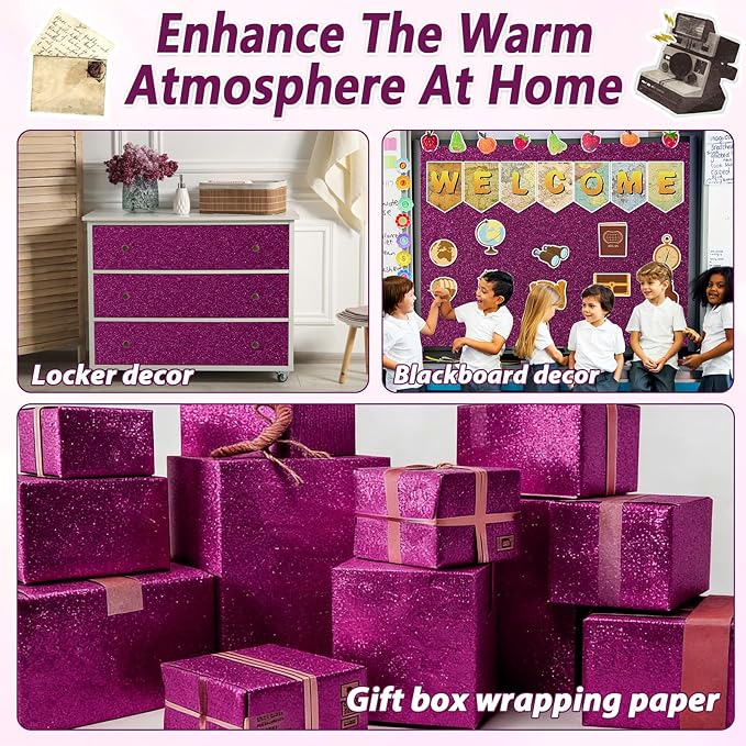 Qyeahkj 17in x 20ft Glitter Bulletin Board Paper Roll Bulletin Board Background Paper Fade Resistant Classroom Decoration Poster Art Craft Home Wall Education Decor Supplies Rose Red