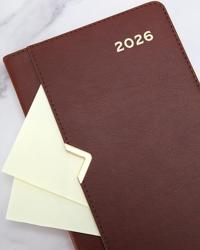 WORLD TRAVELER 2026 Planner - 6x8 Inch Weekly and Monthly Calendar Planner Agenda Book with Bookmark & Ribbon for School and Office, Size 6X8, Bown Leather