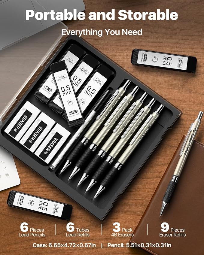 6PCS Metal Mechanical Pencil Set with 0.5 mm Fine Point, 360 Leads, 12 Erasers, Art Mechanical Pencils Pack with Storage Case for School Writing, Sketching, Drawing & Professional Drafting