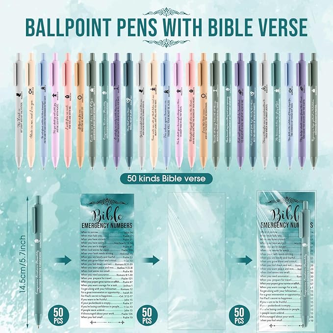 Feifeiya 50 Sets Christian Mothers Day Gifts Bulk Religious Pens Bible Verse Emergency Numbers Bookmarks Scripture Catholic Gifts for Women Men Church Welcome Sunday School(Watercolor,English)