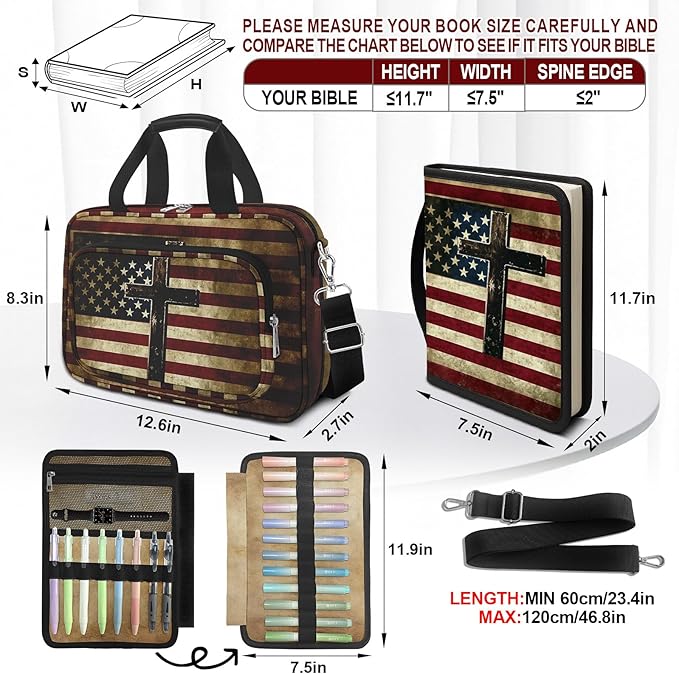 American Flag Cross Bible Cover Case for Women Men Boys, Large Bible Bag Book Carrying Case with Strap & Handle Zipper Pocket, Bible Study Supplies Journaling Kit, Highlighters and Pens Cross Clips