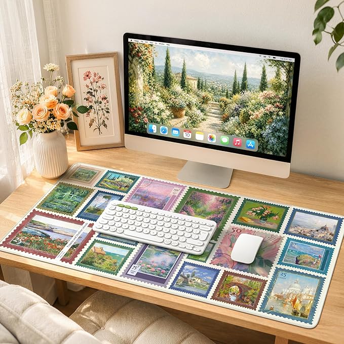 iCasso Vintage Art Desk Protector Mat, XXL Mouse Pad,Desk Matt for Desktop, Anti-Slip Big Mousepad with Stitched Edges for Aesthetic Office Decor(Sage Green)