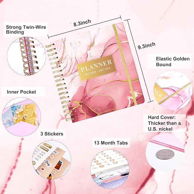 CAGIE 2026 Planner Weekly and Monthly Dec 2025–Dec 2026 Hardcover Planner with Pockets, 13 Month Large Pink Marble Calendar Planner with Stickers Tabs, Spiral Bound Yearly Calendar Planner for Women, 8.3" x 9.3"