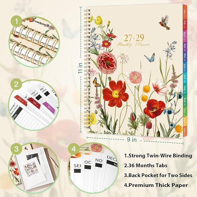 2027-2029 Monthly Planner - Monthly Planner 2027-2029, Jan. 2027 - Dec. 2029, 3 Year Planner with Colorful Tabs, Thick Paper & Twin-Wire Binding, 36 Month Calendar, 9”x11”